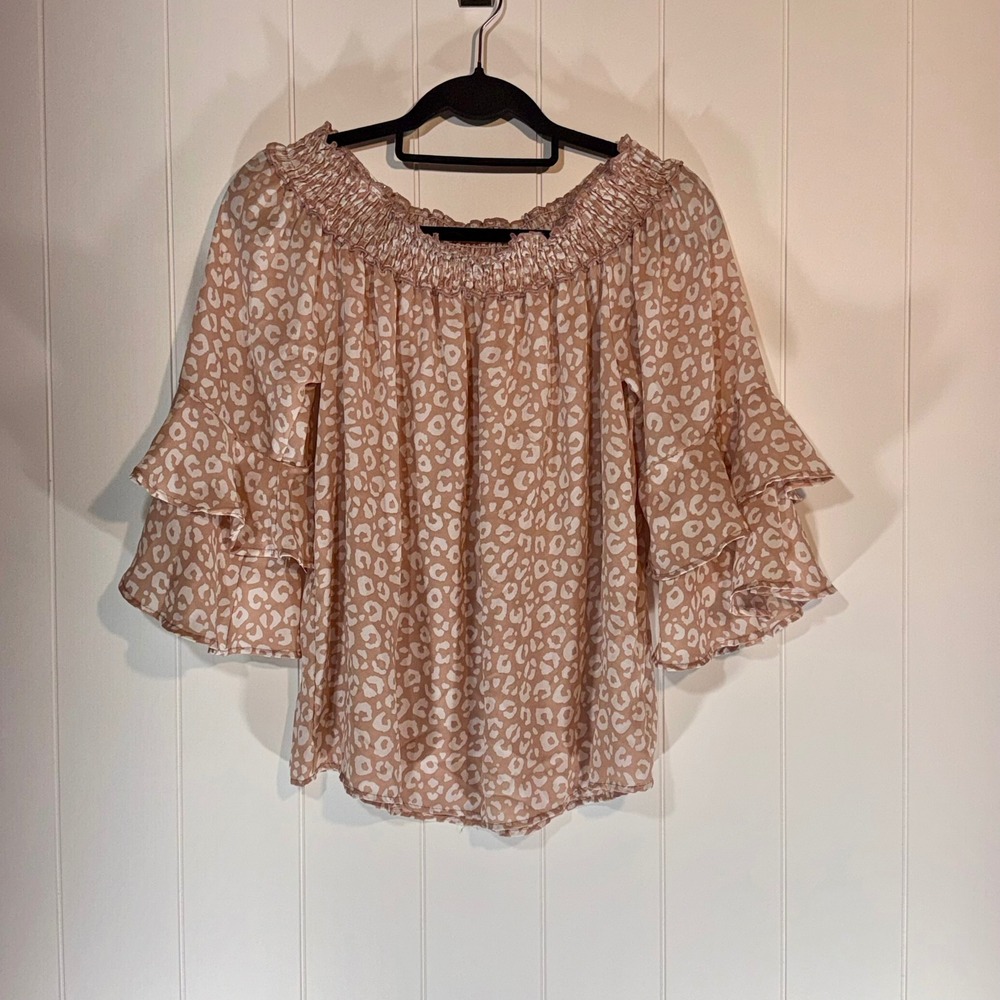 Vine & Love Pink Leopard Off The Shoulder Ruffle Bell Sleeve Blouse Top